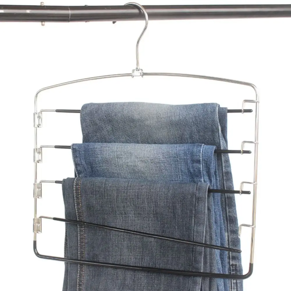 Metal Multi-Layer Trousers Hanger Moveable Reusable 5 Layer Trousers Rack Non-Slip Hanging Pants Storage Holder Wardrobe