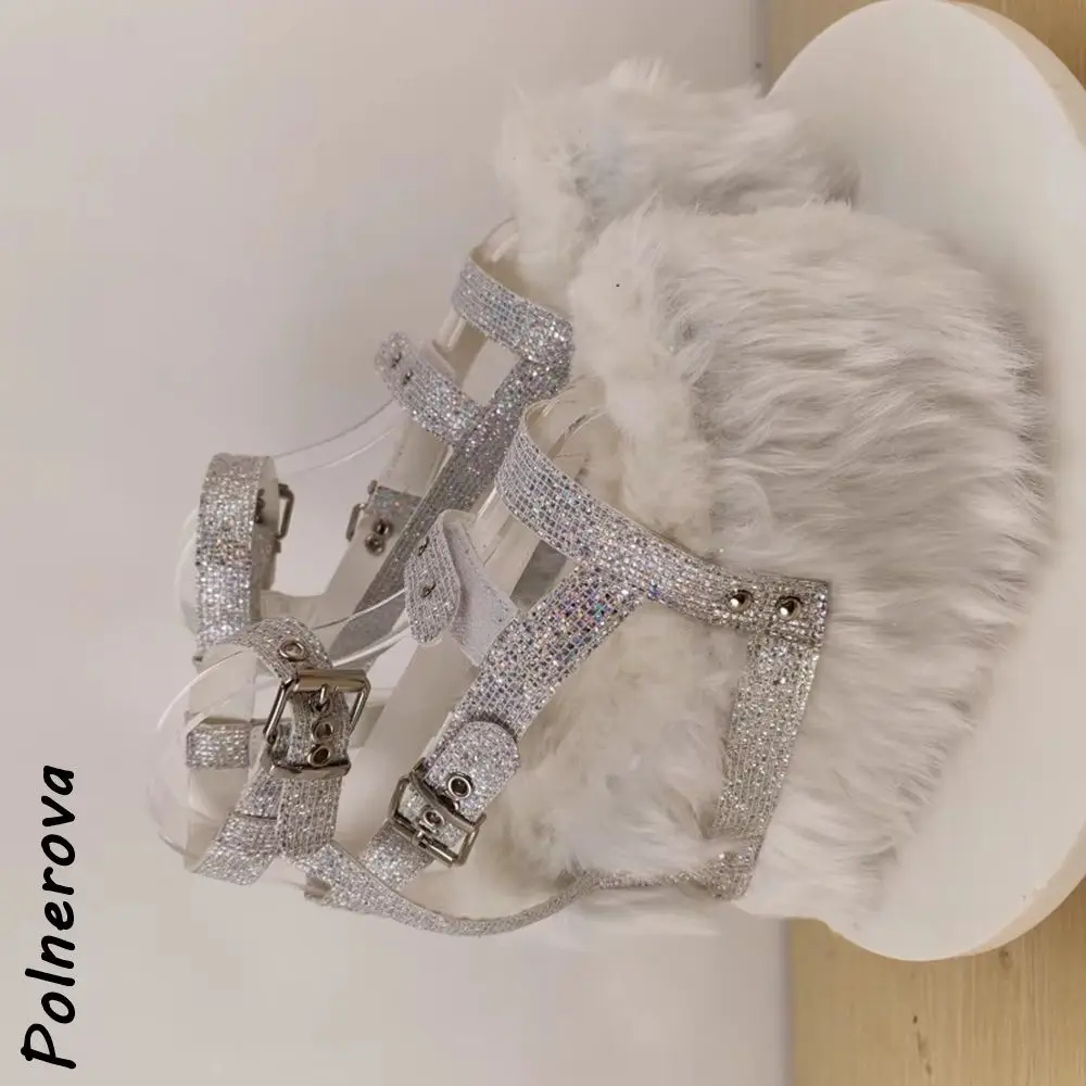 

Белые серебристые меховые сандалии на платформе с блестками, с прямыми ремешками и пряжками, с круглым носком, женские летние туфли на высокой подошве для увеличения роста