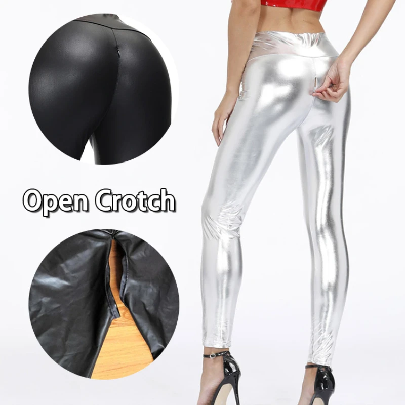 Woman Sexy Leather Open Crotch Leggings Flash Elastic Skin PU Panties Hidden Zipper Pants Crotchless Couple Outdoor Sex Panties