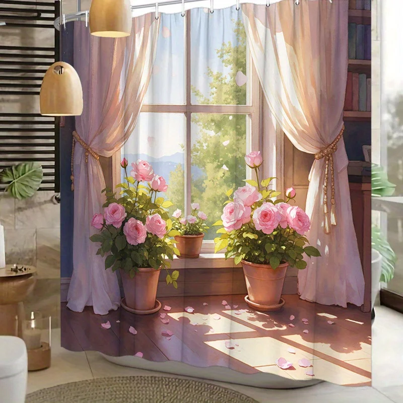 1pc Rose Shower Curtain - Sunlit Window, Pink Roses, Romantic Serene Design, Polyester, 70.8x70.8