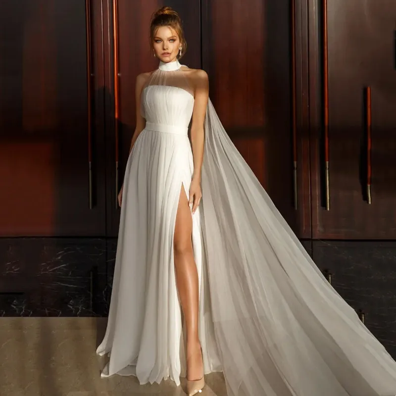 

Customized Simple Halter Chiffon A-Line Sexy Open Back Wedding Dress Boho Sleeveless High Side Slit 2025 Pleat Floor-Length