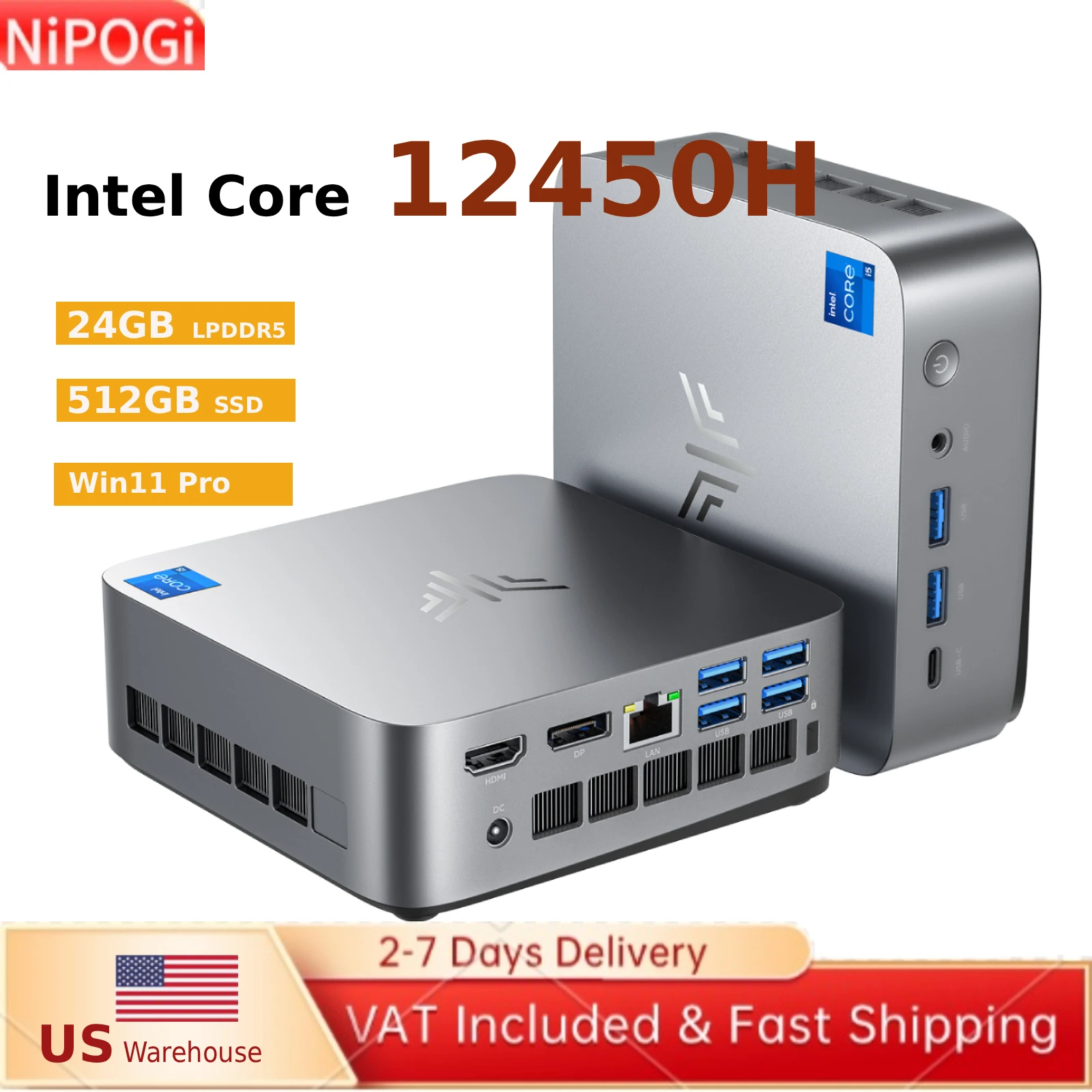 NiPOGi Mini PC Intel i5‑12450H up 4.4GHz 24GB LPDDR5 512GB NVMe SSD WiFi6 BT5.2 1G RJ45 4K Triple Display Home Office Desktop PC