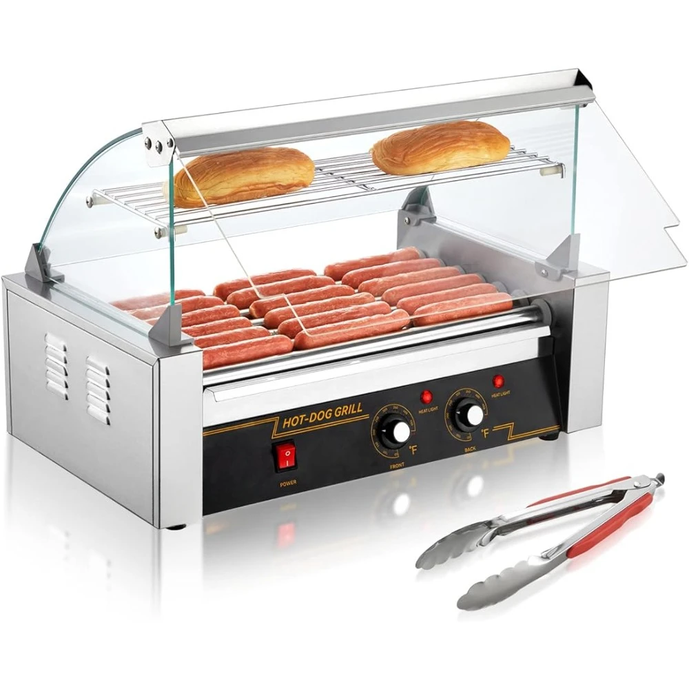 Hot Dog Roller for 7 Rollers 18 Hot Dogs Capacity 1050W Stainless Sausage Grill Cooker Machine with Dual Temp Control Glass Hood