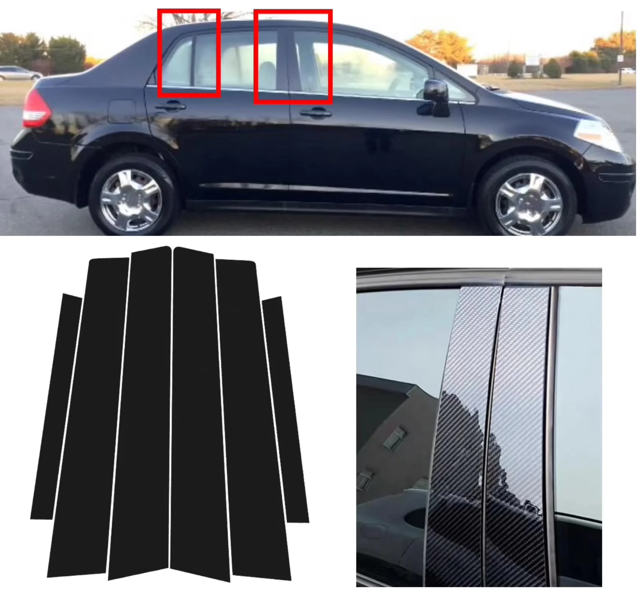 6PCS Glossy Black  Pillar Posts Carbon Fit For Nissan Almera Sunny Versa 2007-2011 Window Decor Door Side Mouliding Trim Cover