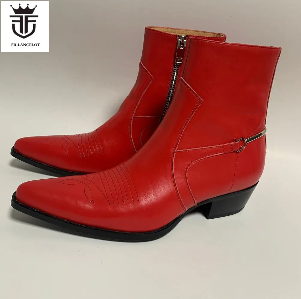 Brand New Fashion men red boots men point toe embroidery boots side zip mujer botas chunky heel