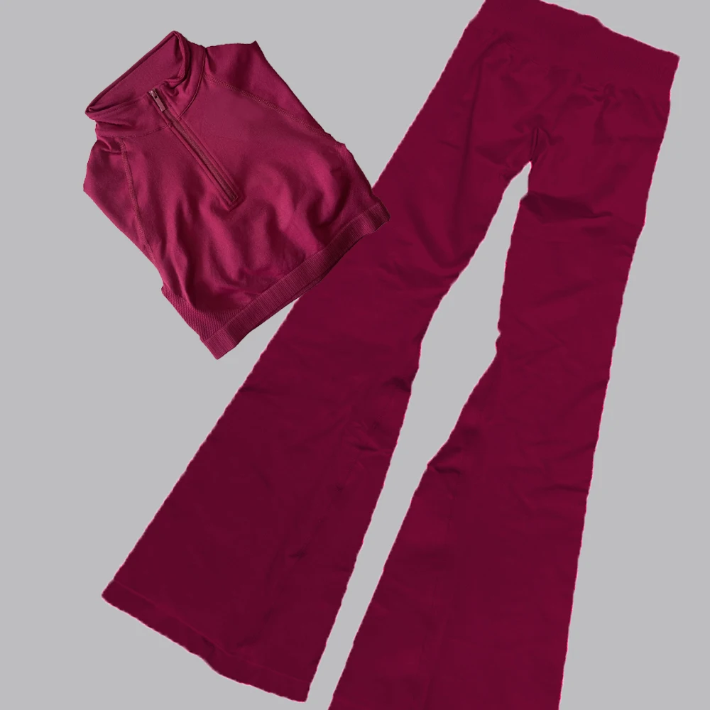 2-Piece Set of Half Cut Short-Sleeved American Long-Sleeved yoga Suit Philippine Style Bell Bottom Pants Sports Outdoor Running