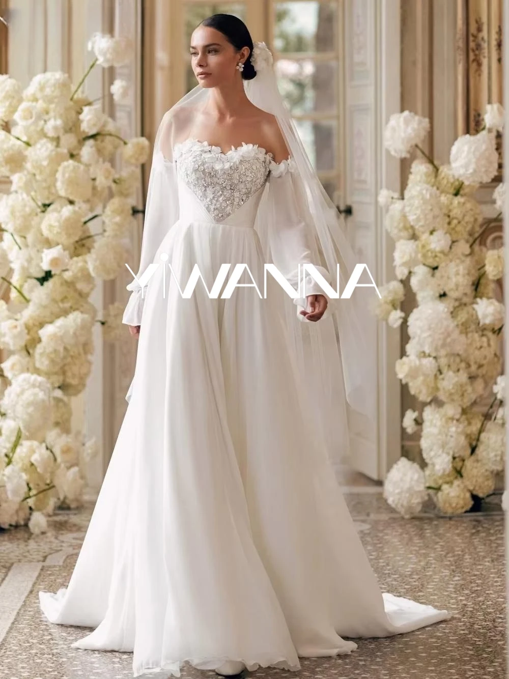 

Graceful Off The Shoulder Wedding Dress Sparkly Sequins Pearls Bride Robe Vintage 3D Flower Long Bridal Gown Robe De Mariée