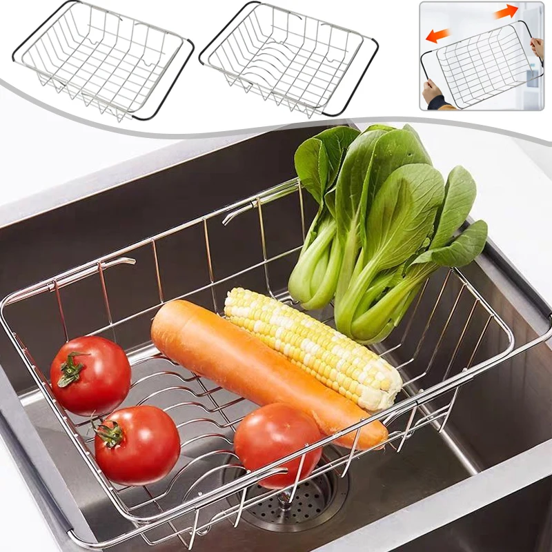 

Household Stainless Steel Retractable Sink Drain Rack Multi-functional Drying Rack AboveSink for Fruit Vegetable Plate Для Кухни
