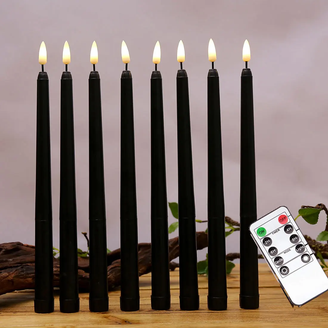 Flameless Black Taper Candles, cintilação com controle remoto de 10 teclas, operado por bateria, LED, castiçais de janela, 6pcs