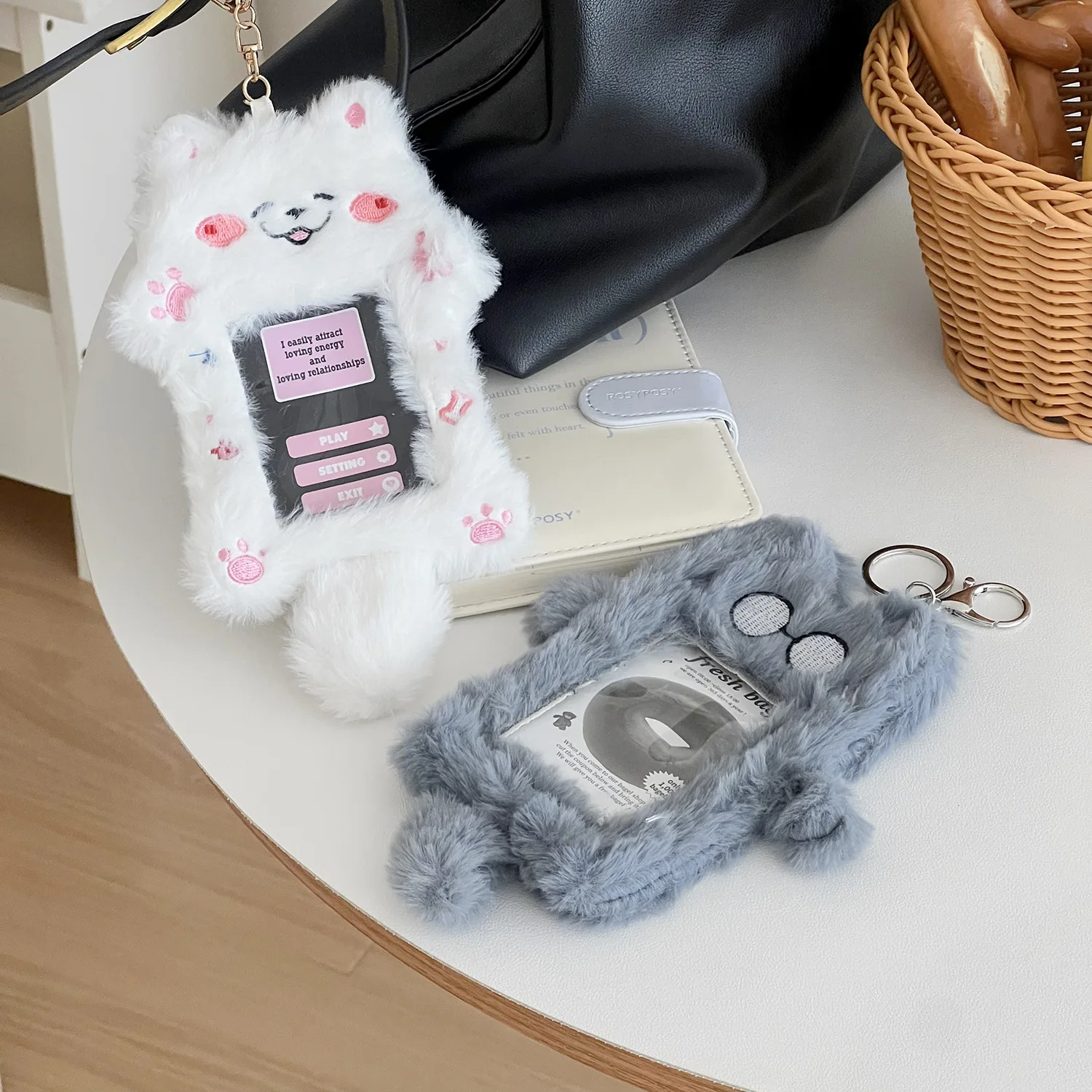 1pcs Plush Photocard Holder with Keychain, Cute Rabbit Plush Photocard Holder, Cartoon Card Cover Rabbit Photo Protective Case