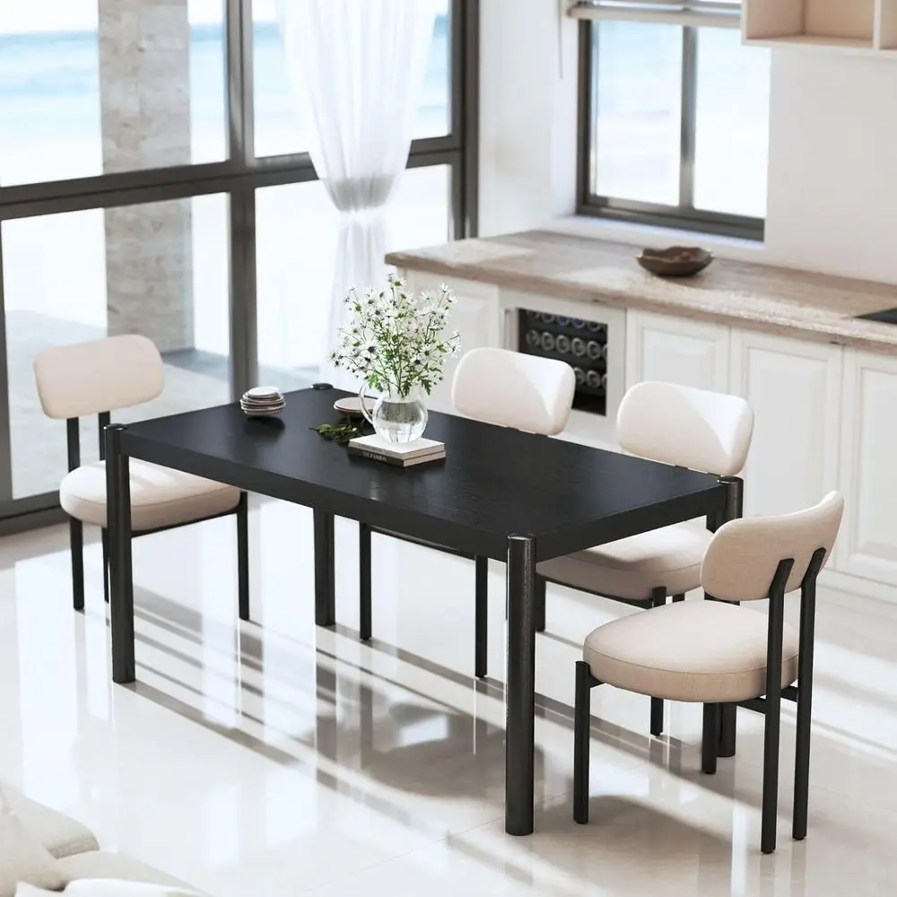 4-Piece Linen Upholstered Dining Chairs Set, Modern Armless Kitchen Chairs with Black Metal Legs, Curved Back for Dining Room an