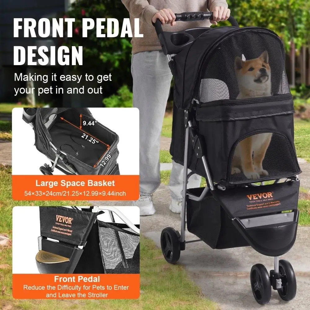 3-Wheel Pet Stroller for dogs & Cats, 35lbs Capacity, Rotating with Brakes, Storage Basket & Cup Holder, Travel-Friendly,