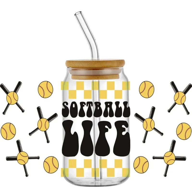 Softball Series 16oz UV DTF Cup Wrap Transfers Stickers Softball etichette personalizzate Logo impermeabile durevole per Libbey Glass Can