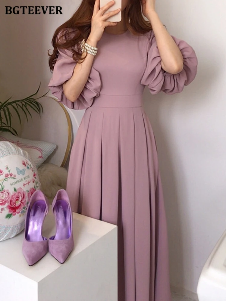 

BGTEEVER Spring Summer Lantern Sleeve Women A-line Dress Elegant Slim Waist Lace-up Female Pleated Dress Ladies Vestidos