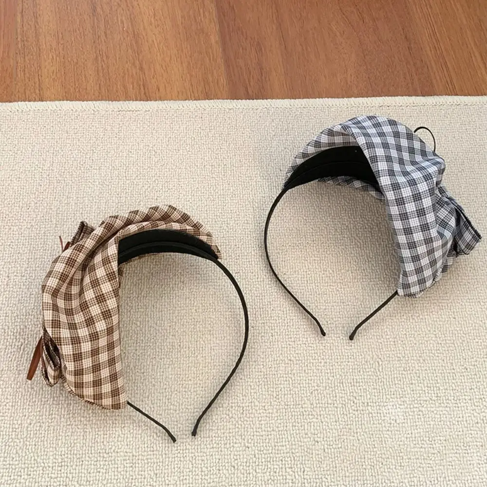 Vintage Half Hat Plaid Formal Hat Headband Beret Wide Side Top Hat Hairband Retro British Style Bow Hair Hoop Evening Banquet