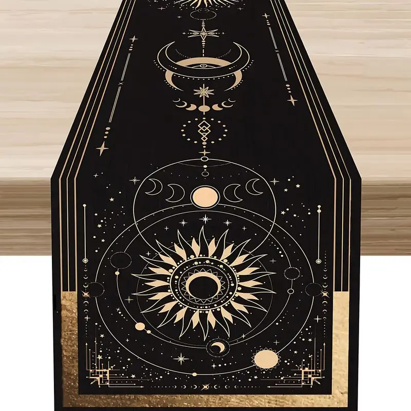 VIKAMA Boho Celestial Sun Moon Table Runner Black Gold Star Phases Mystic Astrology Dining Table Flag Kitchen Wedding Home