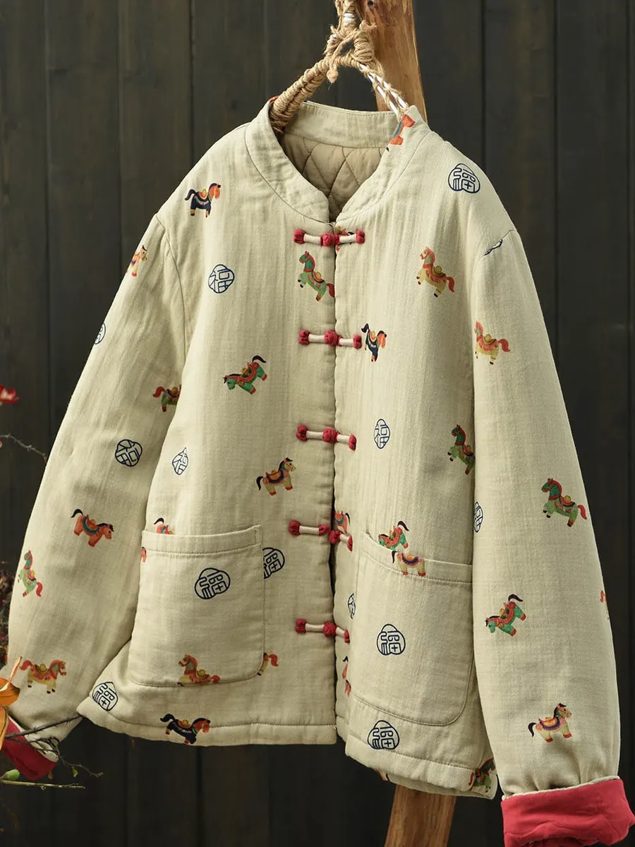 

Thiened Хлопковое джето в этническом стиле с принтом на пуговицах, Новое зимнее поступление, теплое хлопковое пальто, верхняя одежда, свободная посадка, женские сле