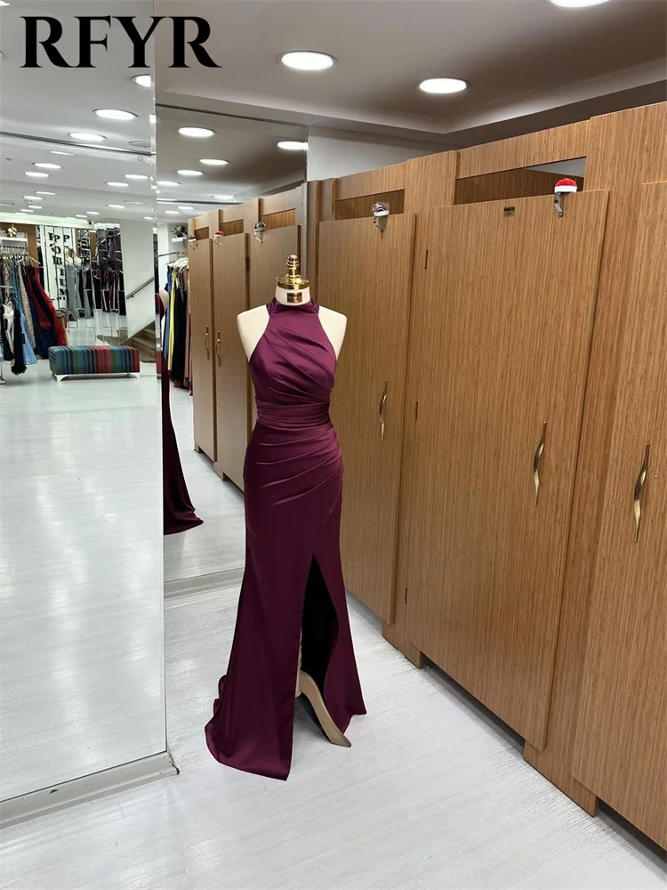 

RFYR Purple Halter Sleeveless Wedding Evening Dresses for Woman Pleating High Split Prom Gown Elegant Satin Evening Gown 프롬 드레스