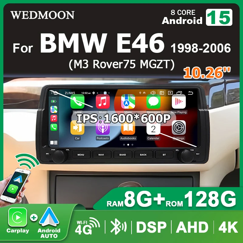 10,26 ''Bildschirm Autoradio Android 15 AUTO CarPlay stereo 2DIN Für BMW E46 M3 Rover 75 MG ZT 1998-2006 bluetooth Multimedia-player