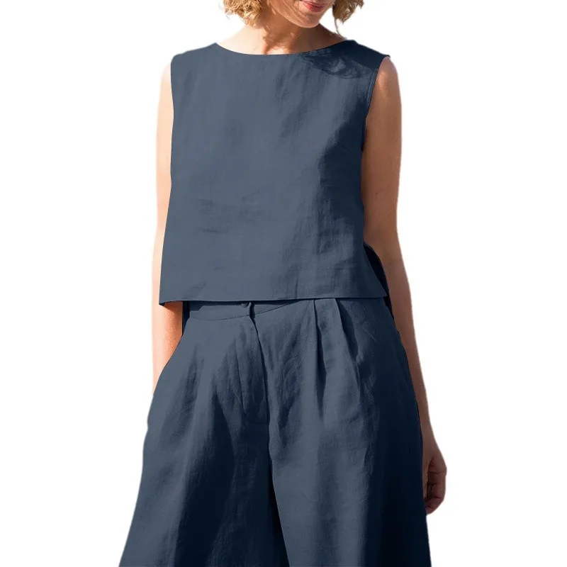 2024 Summer New Plus Size Women's Solid Color Retro Pants Suit Cotton and Linen Casual Long-sleeved Loose Cotton Suit