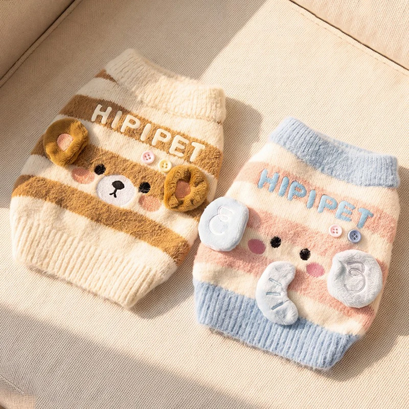 Niedliche Elefanten-Haustierkleidung, Warmer Hundepullover für Herbst & Winter, Gestreifter Cartoon-Katzenpullover, Verdickter Teddy-Pullover