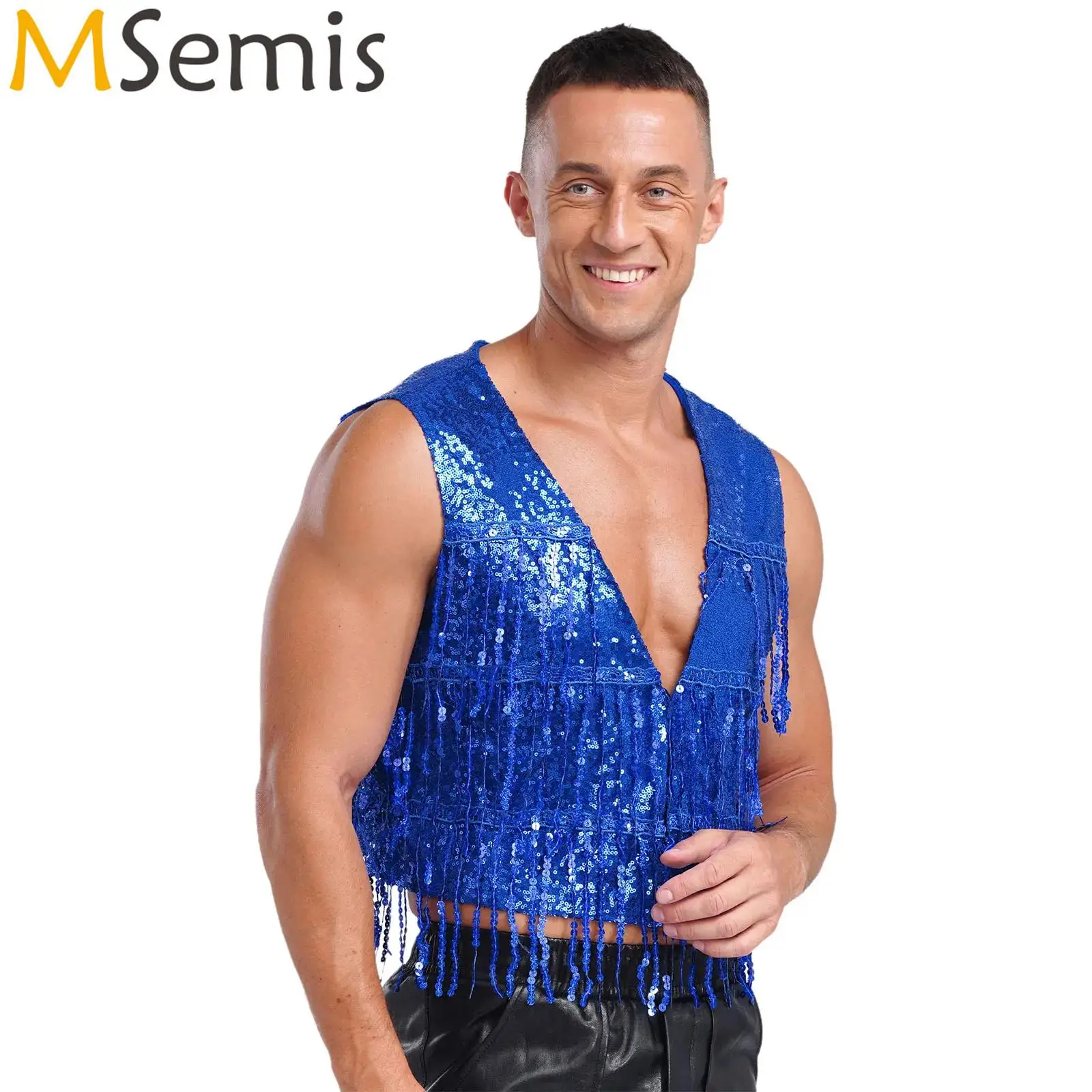 

Mens Shiny Club Jazz Dance Vest Sequin Tassel Glitter Waistcoat Allover Sequin V Neck Open Front Vest Music Festival Costume