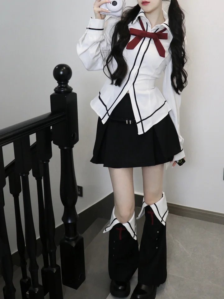 Subculture Loose Balck Hooded Jacket Women Autumn New Short Blazer White Long Sleeve High Waist Shirt Half Skirt Sets