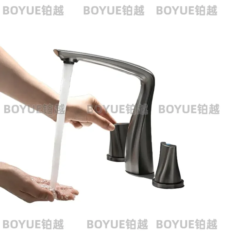Gray Rose Gold Swan Neck Basin Faucet Full Copper Three Hole Split Hot Cold Mixer Tap for Bathroom Cabinet Wash Sink White