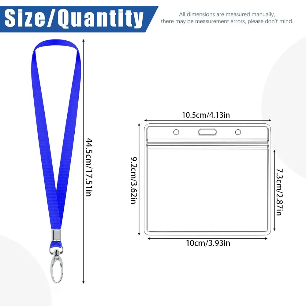 10/20/50pcs clear plastic horizontal name ID holders and blue lanyards, suitable for offices, schools, work volunteers.