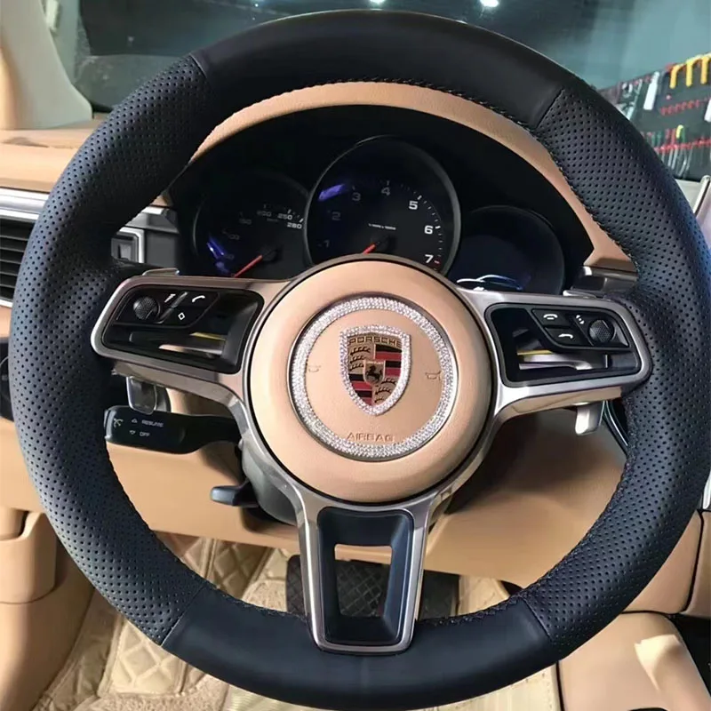 Beżowy antypoślizgowy pokrowiec na kierownicę z prawdziwej skóry 100% pasuje do Porsche Macan 2015-2021 Cayenne 718 911 Akcesoria samochodowe — zdjęcie 4