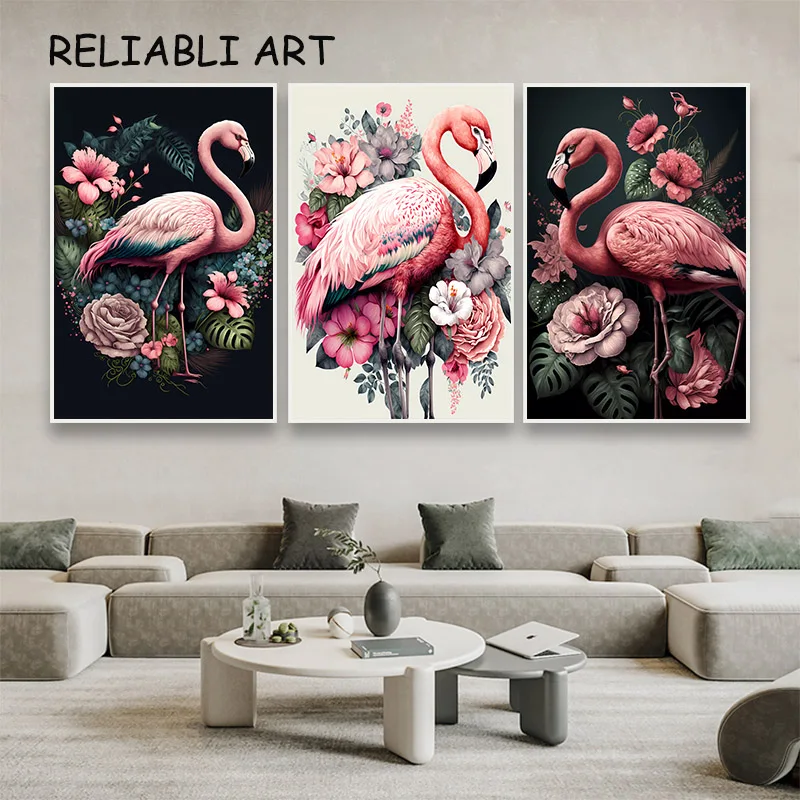Nordic Style Flower Pink Flamingo Animal Poster and Print Modern Canvas Painting Wall Art for Living Room Home Decor No Frame