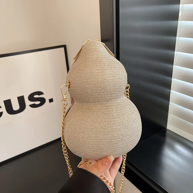 Gold Bright Silk Circular Evening Bag Women Banquet Clutch Rhinestone Decor Chain Shoulder Bags Luxury Female Party Handbags