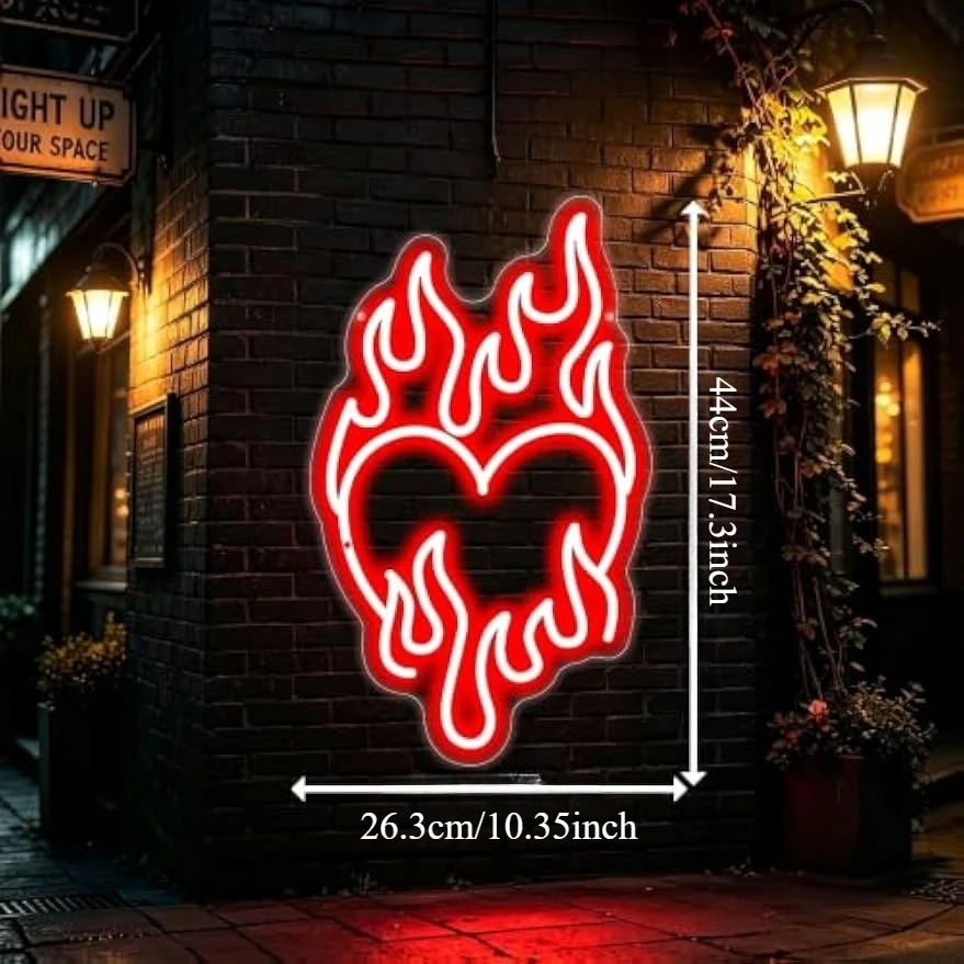 Burning Heart Flame LED Neon Sign USB Powered Neon Light for Bar Bedroom Club Christmas Romantic Aesthetic Wall Art Decor Gift