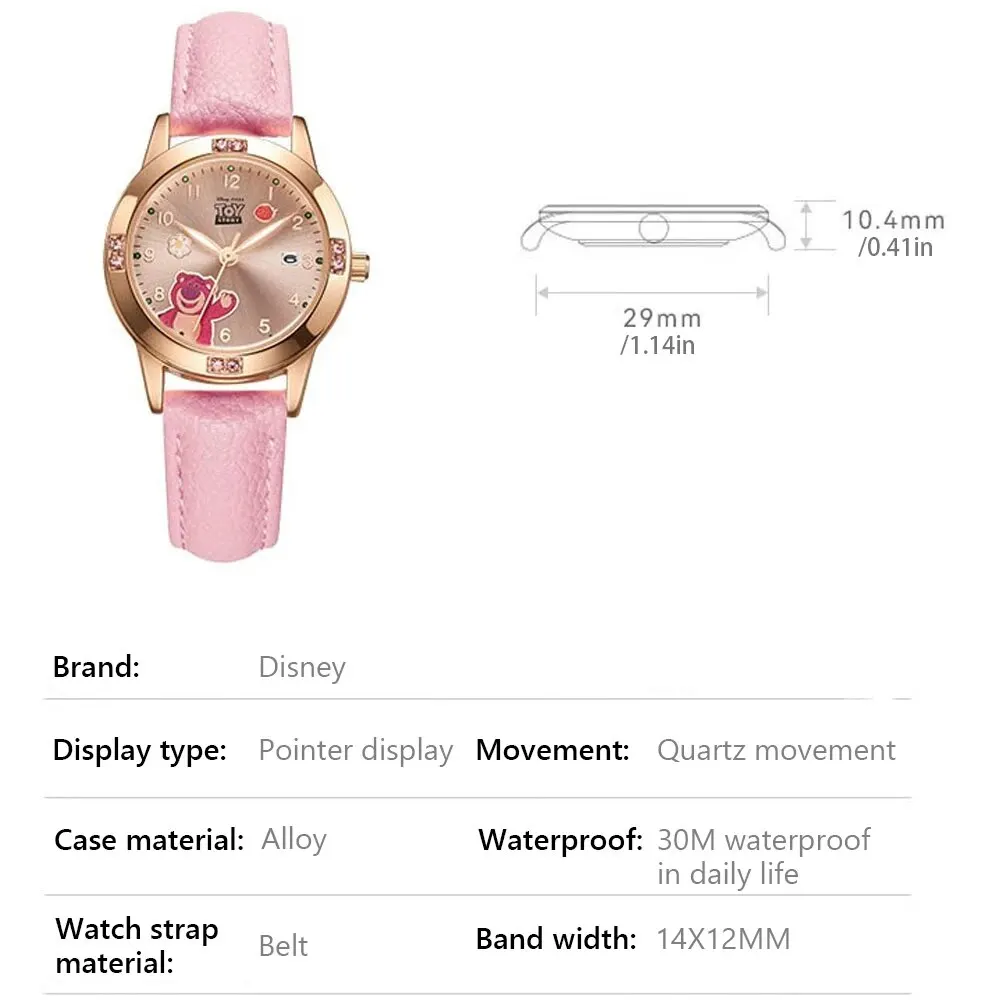 Disney Watches PU Leather Quartz Wristwatches Strawberry Bear Cute Clock for Ladies Cartoon Dial Montre Femme