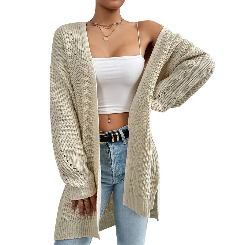 New Autumn And Winter Fashion Women\'s Long Sleeved Mid Length Sweater Jacket Knitted Cardigan V-neck Gray Knitted Cozy Sweater