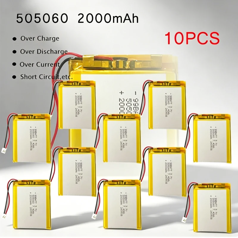 10pcs 505060 3.7V Lipo Battery 2000mAh Lithium Polymer Rechargeable Batteries Ph2.0mm for Cosmetic Mirror LED Lamp GPS Locator