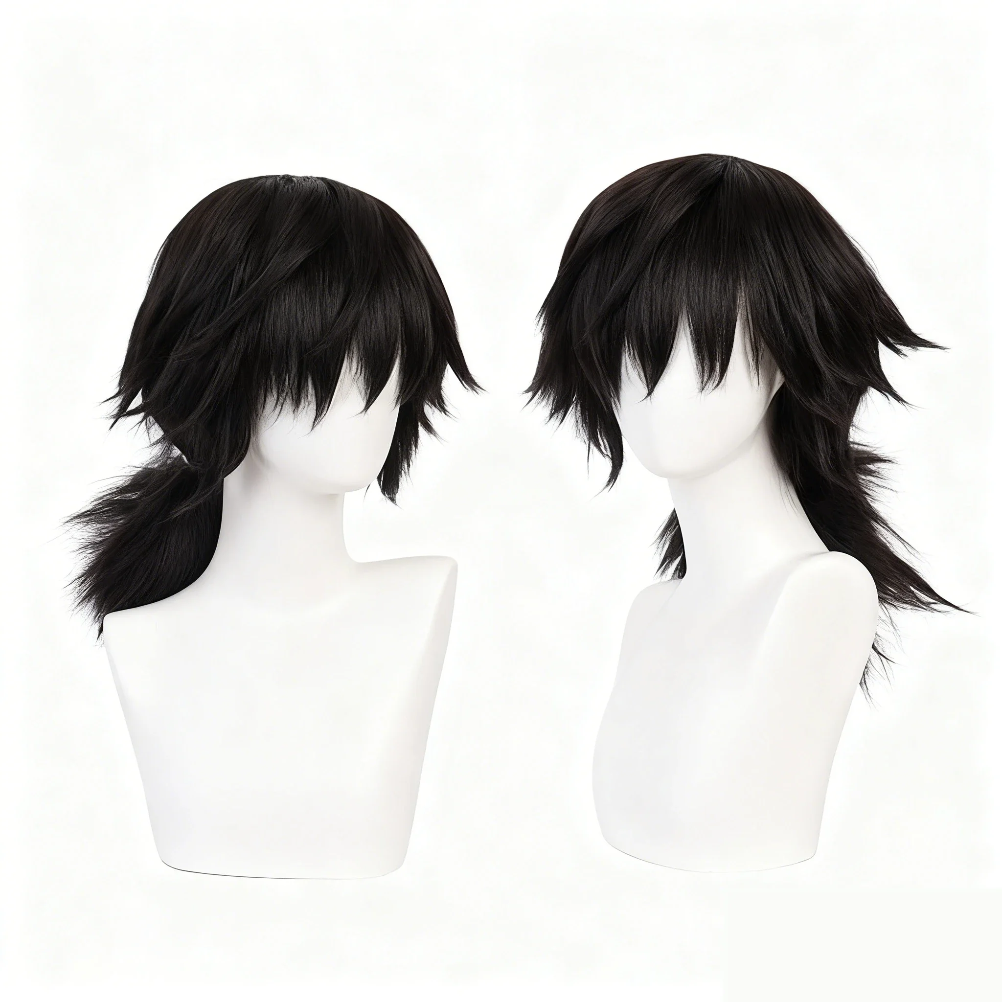 Tomioka Giyuu-Peluca de Cosplay de Anime Unisex, pelo negro grueso y esponjoso con cola de caballo, pelucas de vestir para escenario, accesorios de disfraz de fiesta