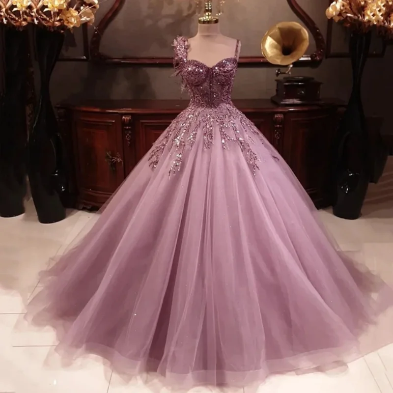 

Charming Sweetheart Spaghetti Strap Sequin Evening Dresses 2024 A Line Floor Length Tulle Zipper Party Custom Made Prom Dress