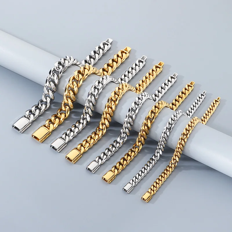Pulseira Masculina KALEN 12/15mm Elo Cubano Miami, Joia Punk Grossa de Aço Inoxidável Polido Cor Dourada, Acessório de Moda Hip Hop