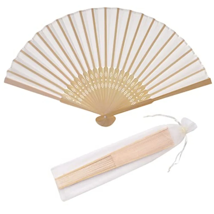 

50pcs Imitated Silk Hand Fan Silk Fabric Bamboo Frame Handheld Folding Fan Bridal Dancing Props Church Wedding Party Favors wit