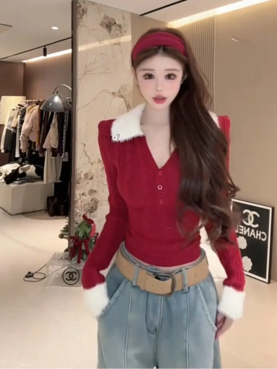 Maglione lavorato a maglia coreano Sle Long Sve da donna autunno inverno colletto con patta rosso con cintura ort Top caldo e confortevole da indossare ogni giorno