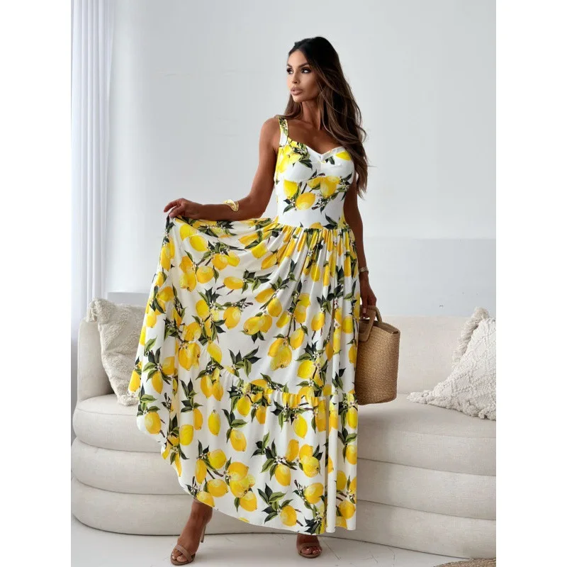 2025 Summer Maxi Dresses For Women Lemon Strap Fruit Print Strap Vacation Sress Robe Elegant Dresses For Women Robe Longue Femme