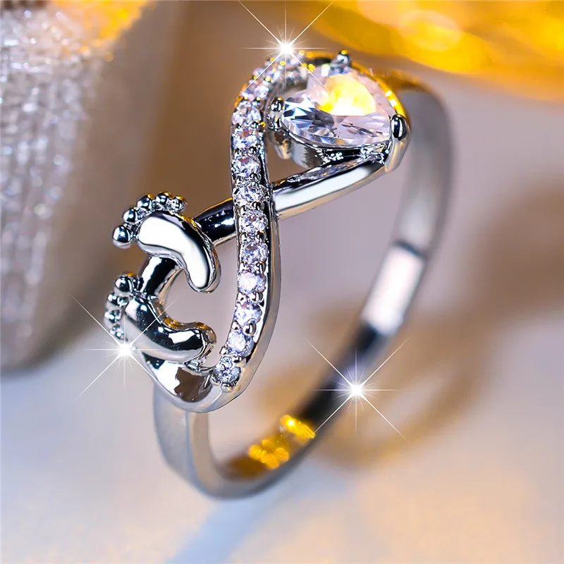 Cute Female White Zircon Stone Footprint Infinity Ring Vintage Silver Color Wedding Jewelry For Women