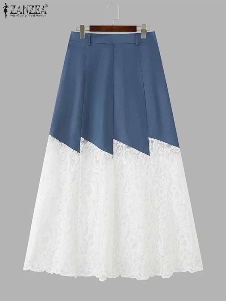 Zomer Maxi Rokken Vrouwen Mode A-lijn Bodems Casual Losse Geplooide Broek Mode Kant Patchwork Overrokken 2025, ZANZEA