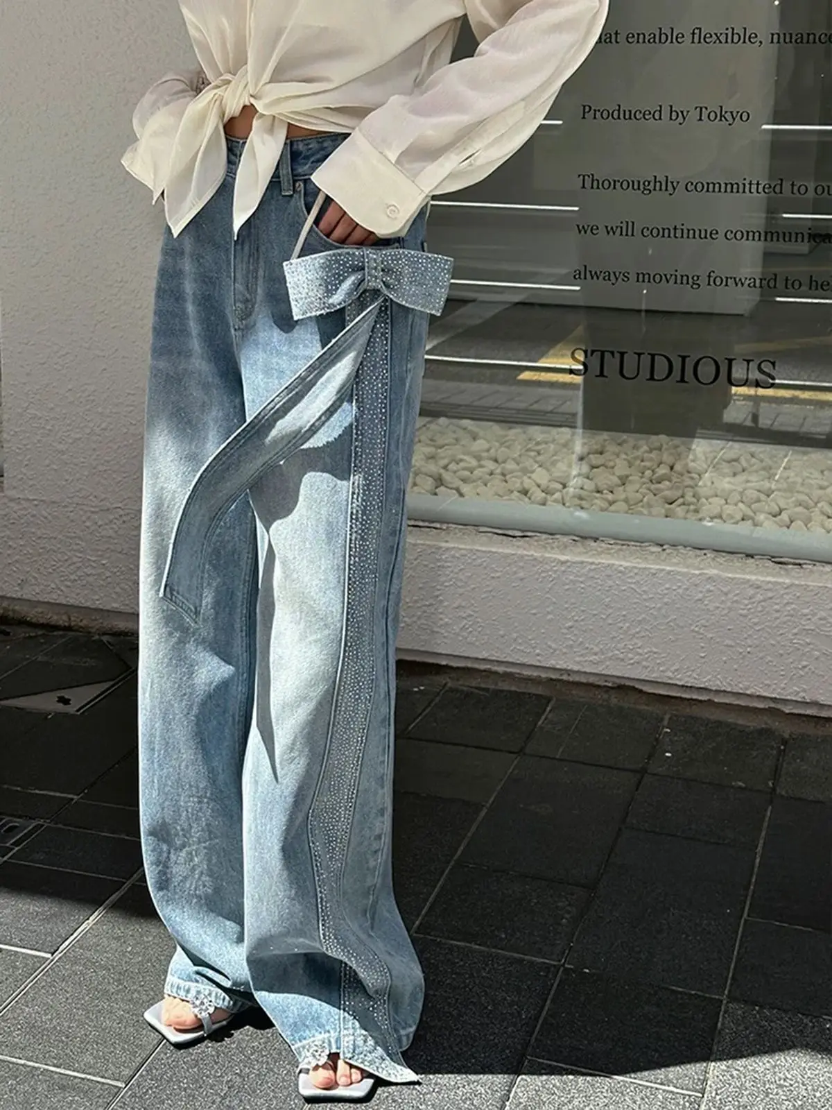 Y2K Blue Bow Hot Diamond Jeans Loose Summer Design Pants for Women American Style