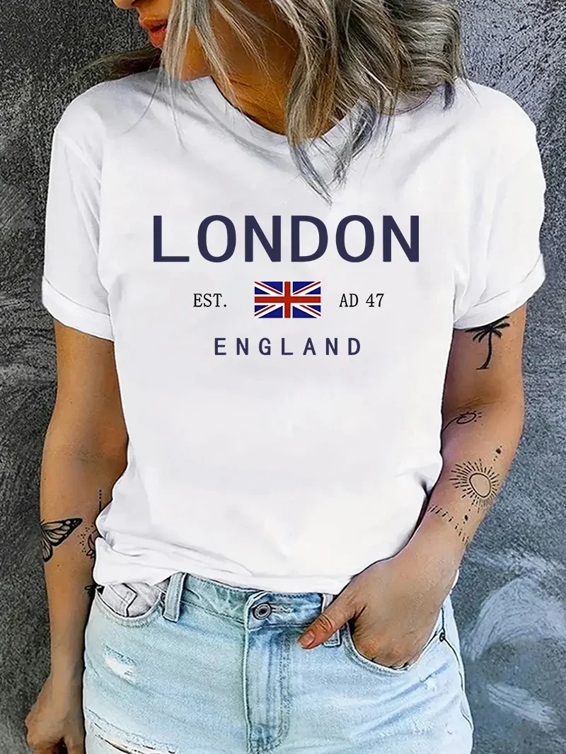 London Est Ad 47 England Letter Print Women T Shirt Short Sleeve Crew Neck Summer Casual Tops for Women Clothes
