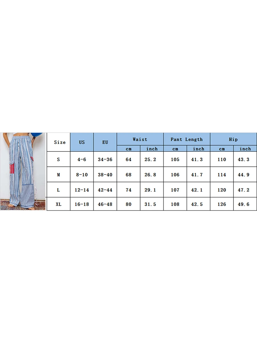 Women Striped Pants, Elastic Waist Casual Pants Loose Trousers Streetwear with Pockets