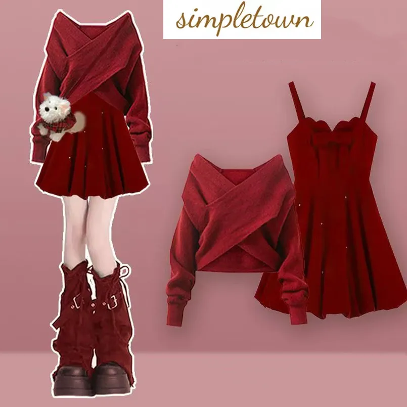 

Fashion and Casual Women's Set Spring and Autumn Korean Edition Red V-neck Knitted Sweater+camisole Skirt Two-piece Set