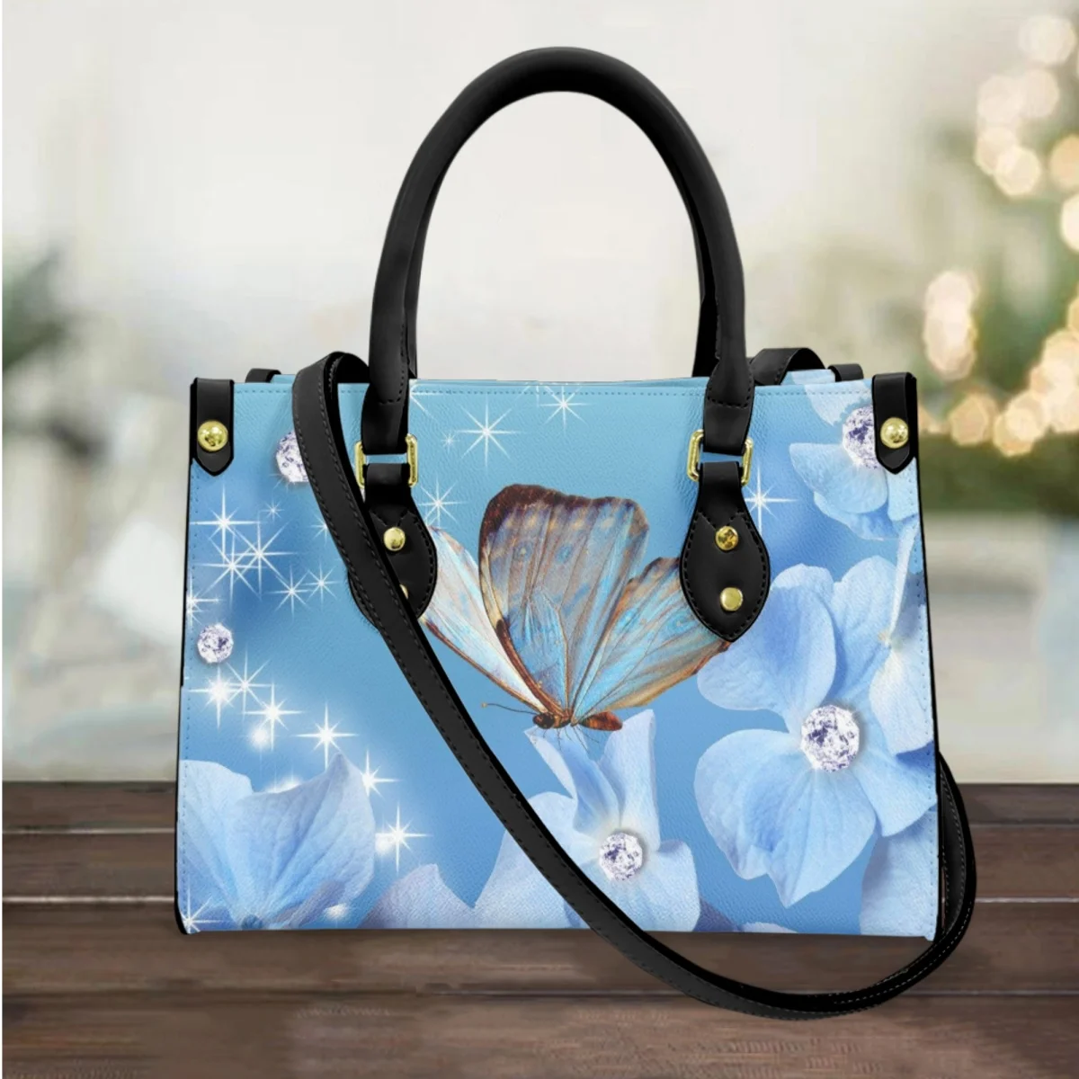 

FORUDESIGNS Luxury Handbags for Female Blue Floral Butterfly Print Fashion Leather Tote Bags Personalized Ladies Hand Bag