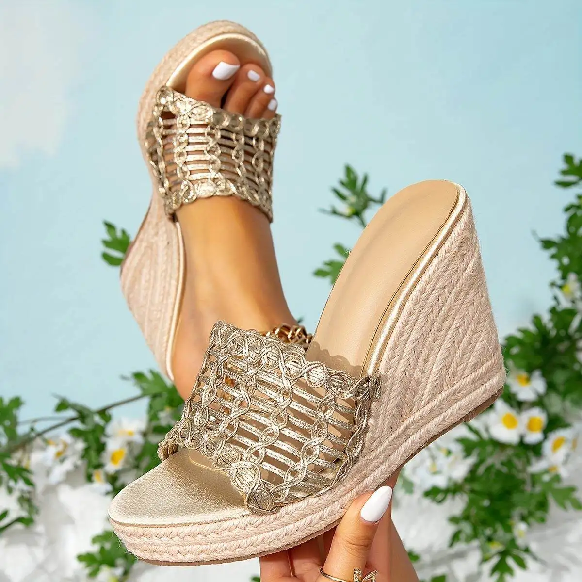 

Champagne Color Ladies Faion Slip-On High Heels Casual Slope Heel Thi Bot Ele Casual Women's Sandals